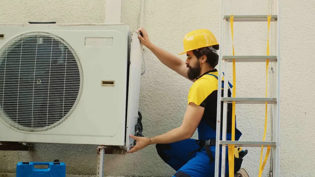 a man is installing a heat pump in front of a wall