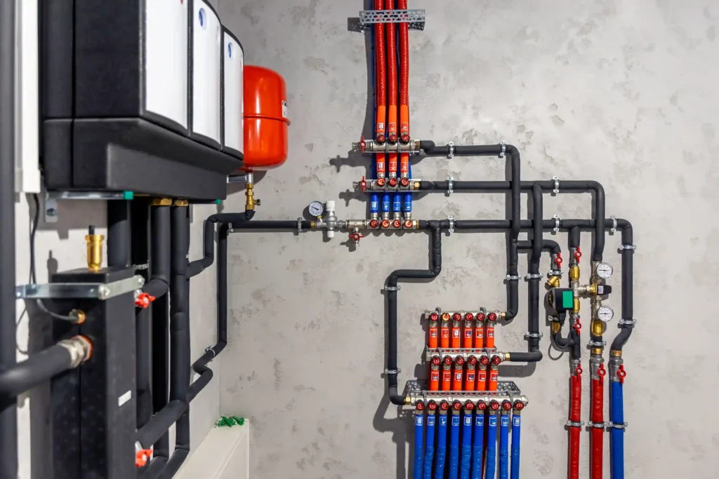 pipes from a hybrid heat pump heating system