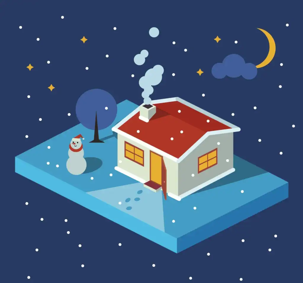 a drawing of a house in winter, covered with snow