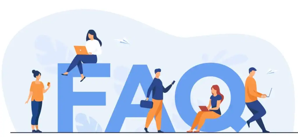 drawing of people on a "FAQ" sign that can represent frequently asked questions about air source heat pump