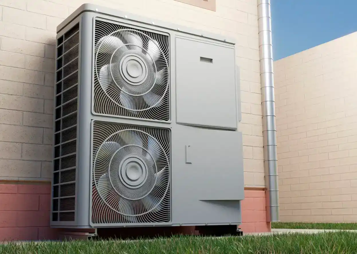 air source heat pump operating in a garden in the uk