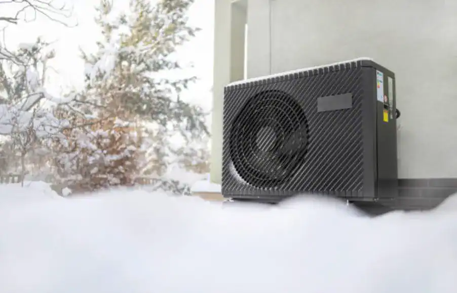 air source heat pump in the snow in cold weather