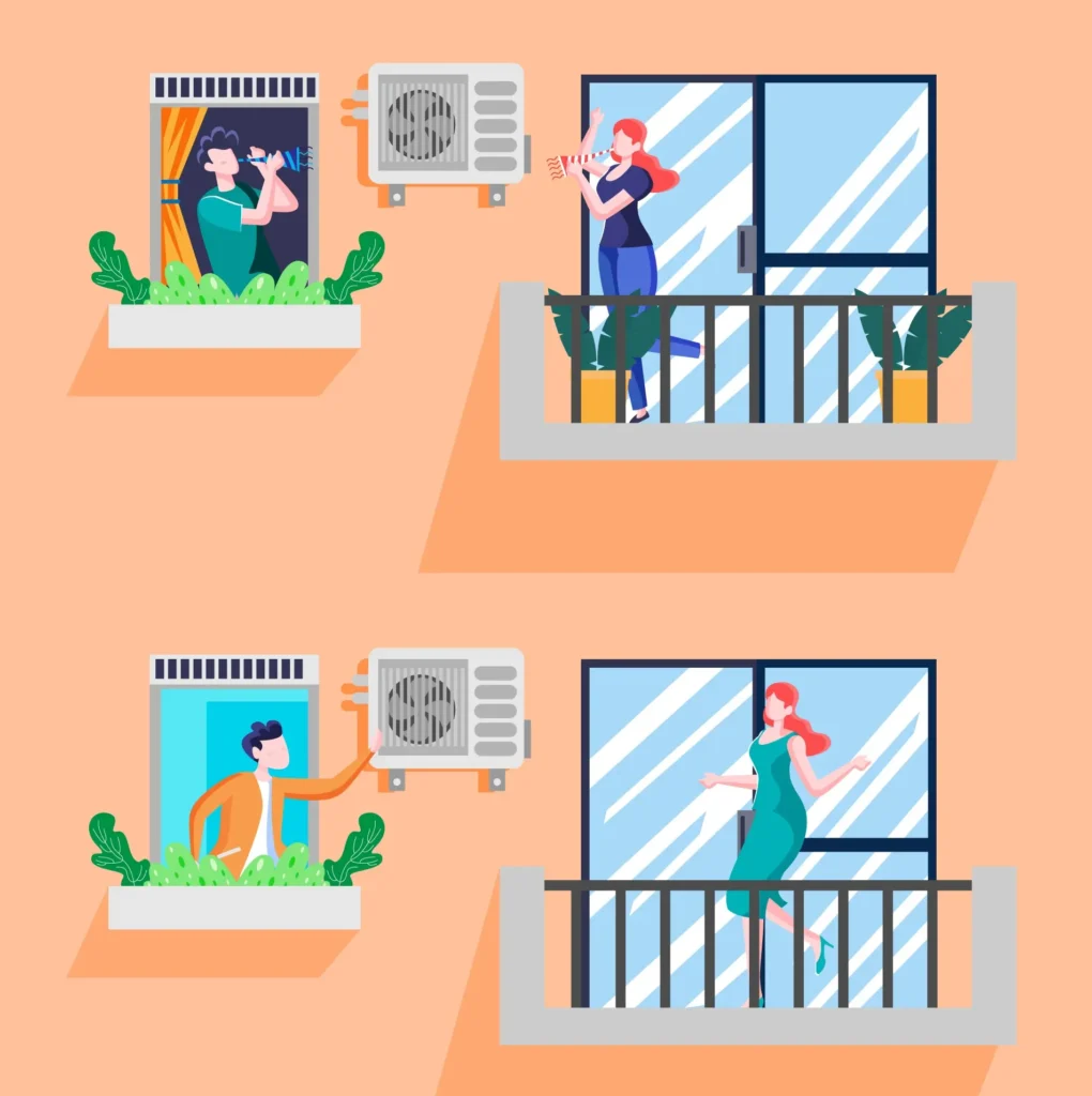 air source heat pump  working in a terraced house in the uk, with neighbours