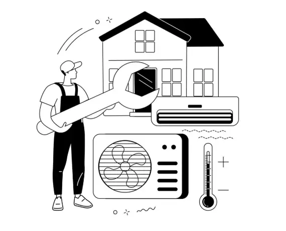 drawing of an hvac system and a heat pump in front of a house