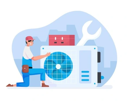 drawing of a heat pump installer installing an air source heat pump