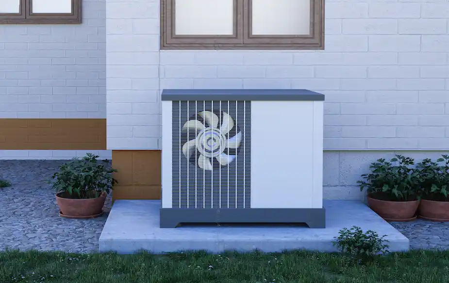 grant heat pump. air source heat pump in a garden, in front of a wall.